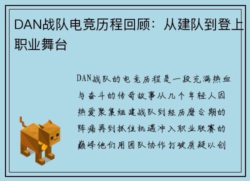 DAN战队电竞历程回顾：从建队到登上职业舞台